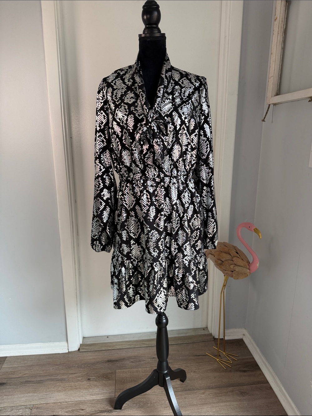 MICHAEL Michael Kors Black and White Snake-Print Long Sleeve Dress